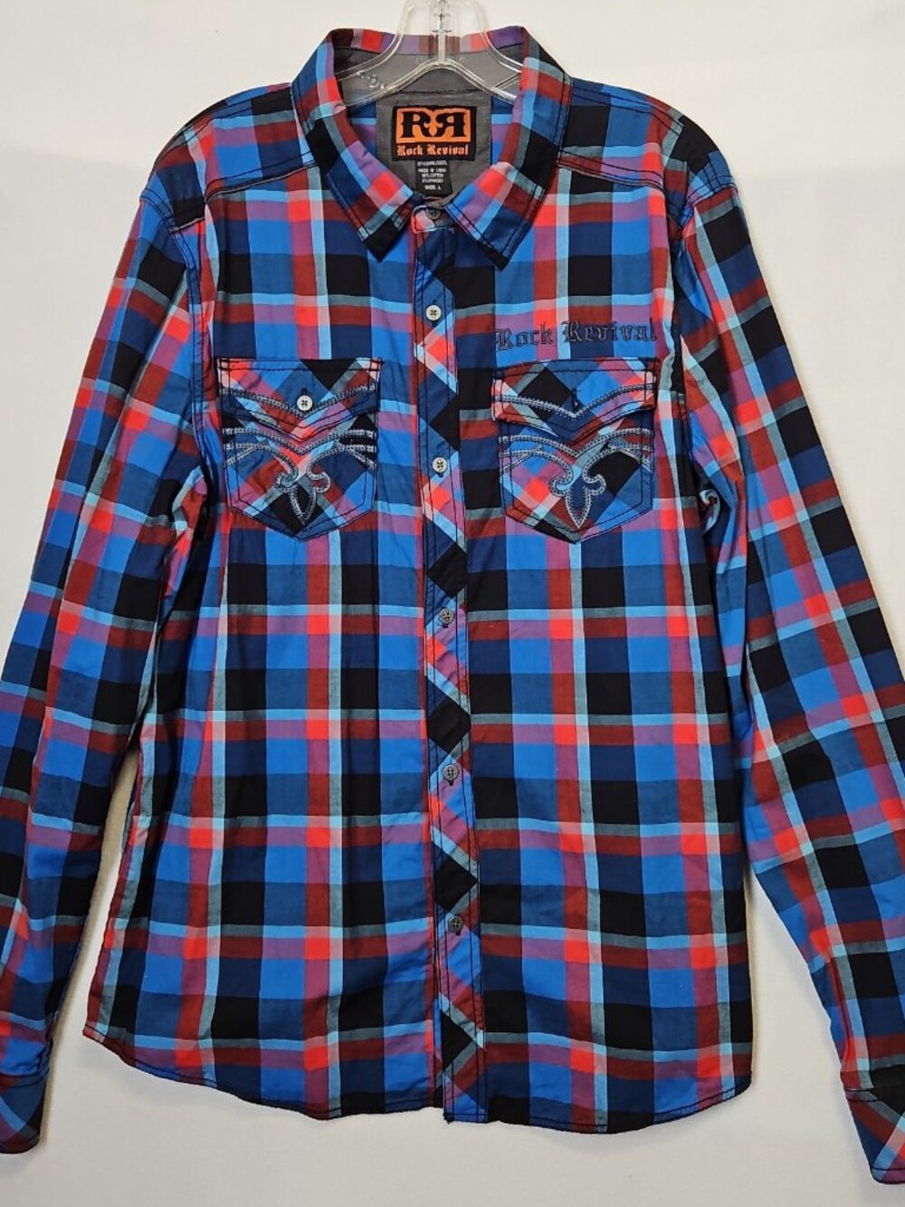Rock Revival Western Shirt Mens Sz L Blue Red Taylor Plaid Button Long Sleeves